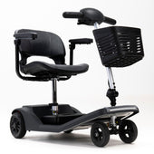 Black Drive Air Active mobility scooter with padded seat, armrests, adjustable handlebars and front basket, side view.