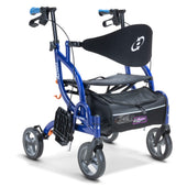 Blue 4-wheel rollator walker with seat, padded backrest, hand brakes and storage bag, front view.