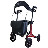 Red and black carbon fibre folding rollator with curved backrest and detachable bag, side view.