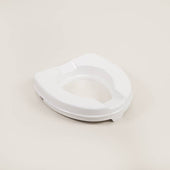 White plastic raised toilet seat without lid, open front design, shown on plain background, front angle.