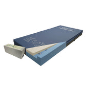 Apollo Morpheus Air Hybrid Mattress System with blue cover, foam layers and attached pump unit, shown side view.