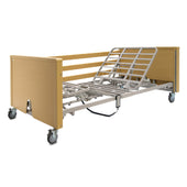 Apollo Olympus Folding Bariatric Bed with metal rails, wooden ends, and wheels, shown without mattress, side view.