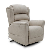 Sanford Dual Motor Riser Recliner with padded armrests, soft backrest and visible power cord, front angle view.
