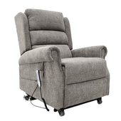 Grey five motor riser recliner chair with wheels and wired remote, providing support, side view.