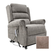 Cocoa Motion Healthcare Vermont Five Motor Riser Recliner Chair with tilt-in-space, remote, wheels and fabric texture detail, close-up angle.