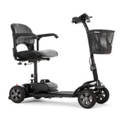 Black eLite travel scooter with cushioned seat, armrests and front basket, lightweight design, side view.
