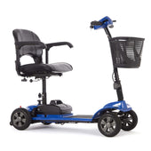 Blue Motion Healthcare eLite Travel Scooter with basket, padded seat, and armrests, side view.