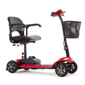 Red Motion Healthcare eLite Travel Scooter with black seat, armrests, four wheels and front basket on white background, front angle view.