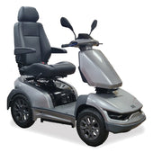 Xcursion Mobility Scooter with captain’s seat, armrests, large wheels and side mirrors, 30-mile range shown, front angle.
