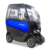 Blue and black Xplorer Mobility Scooter with enclosed cabin, compact design, side view on white background.