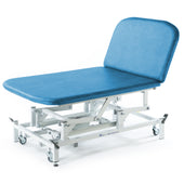 SEERS Medical Electric Therapy Bobath Couch with adjustable backrest and wheeled white frame, side view.