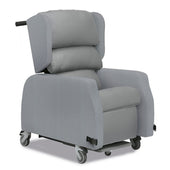 Repose Seating Harlem Porter Express Chair with padded cushions, wide armrests and wheels, front view.