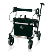 Black aluminium rollator with two large front wheels and a black storage bag, front view.