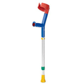 Rebotec Children’s Safe-In Crutches with adjustable forearm support, shown assembled and upright, front view.