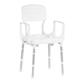 Rebotec Lyon Modular Commode Chair with armrests, backrest and drainage holes, front view.
