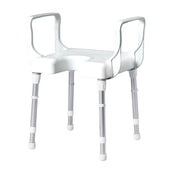White height-adjustable shower stool with armrests, front view.