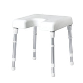 Rebotec Monaco shower stool with height-adjustable metal legs and U-shaped cutout, front view.