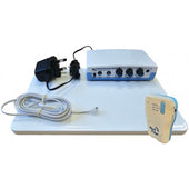 Children’s epilepsy alarm set with control box, power adapter, connecting cable, sensor pad and handheld seizure reader, front view.