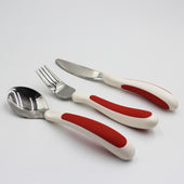 NRS Kura Care Adult Cutlery Set with ergonomic, easy-grip handles for adults on a white surface, top view.