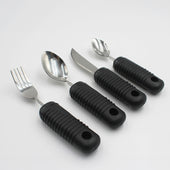 Four Homecraft Sure Grip Bendable Utensils with large ribbed handles arranged in a row on a white surface, top view.