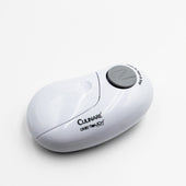 Homecraft One Touch Can Opener with grey button on a white background, top view.