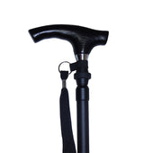 Lifemax Adjustable Walking Stick with ergonomic handle, wrist strap, metal collar and non-slip rubber foot, side view.