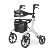 Drive AeroWalk Carbon Rollator in buttercream with four large wheels, black handles and mesh storage under seat, front angle.