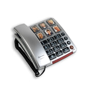 Amplicomms BigTel 40 Plus corded phone with large buttons and six photo memory keys above the keypad, front view.