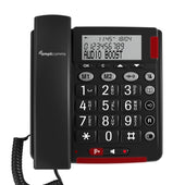 Corded phone with large buttons, easy-read display and hearing aid compatible Audio Boost feature, front view.