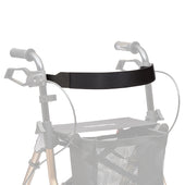 Able2 backstrap for Dietz Taima Rollator, attaches to handles for added back support, shown fitted on rollator, rear view.