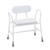 Drive Bariatric Perching Stool with Padded Back, height-adjustable frame with padded seat and backrest, side view.