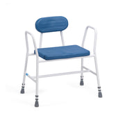 Drive Bariatric Perching Stool with extra wide anti-bacterial seat, backrest, armrests and adjustable legs, front view.