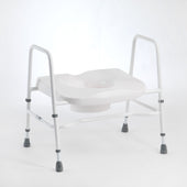 Drive Bariatric Toilet Aid, adjustable height with armrests, rubber feet and raised seat for support, front angle view.