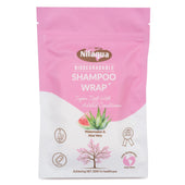 Nilaqua Biodegradable Shampoo Wrap pouch with antibacterial label, icons of watermelon, aloe, and bamboo, front view.