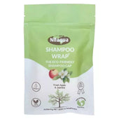 Nilaqua Biodegradable Shampoo Wrap pouch, apple and jasmine scent, for rinse-free hair washing, front view.