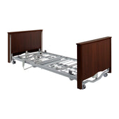 Sidhil Bradshaw Low Bed with wood headboard and footboard, metal base, casters, mattress not included, side view.