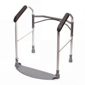 Folding toilet frame with padded armrests and footboard for support around the toilet, shown from the front.