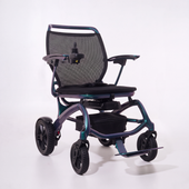 Wizemed C100 carbon fibre folding powerchair with mesh backrest, joystick, and four-wheel black frame on white background, front view.