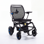 Wizemed C100 carbon fibre folding powerchair with mesh seat, joystick armrest and blue wheels, lightweight design, side view.