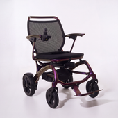 Wizemed C100 carbon fibre folding powerchair with mesh backrest, joystick control and footrest on white background, front view.