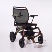 Wizemed C100 carbon fibre folding powerchair with mesh back, joystick control and large wheels on white background, side view.