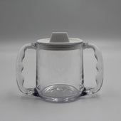 Homecraft Caring Mug with spouted lid and two large angled handles, plain background, front view.