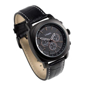Lifemax talking watch with leather strap, round dial, subdials and white stitching, front view.