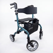 Urathon Cirrus+ 4 wheel rollator with padded seat, backrest, storage pouch, hand brakes and large wheels, side view.