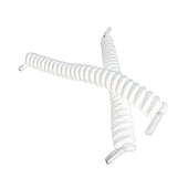 Pair of coiler shoe laces by Performance Health with clear plastic tips, crossed, white background, top view.