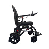 Lightweight folding powerchair with joystick control, large rear wheels and footrest, side view.