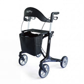 Dash Rehab Dash Chic Carbon Rollator with four wheels, seat, storage bag and hand brakes on white background, front view.
