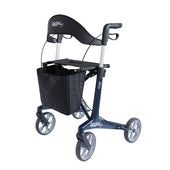 Dash Rehab Dash Chic Carbon Rollator with four wheels, black seat, storage bag, and ergonomic handles, front view.