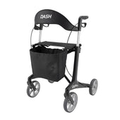 Dash Rehab Dash Chic rollator with lightweight carbon frame, seat, four large wheels, hand brakes and front pouch, side view.