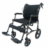 Dash Rehab Dash Express Pro Wheelchair with lightweight aluminium frame, folding backrest, armrests, footrests and four wheels, side view.